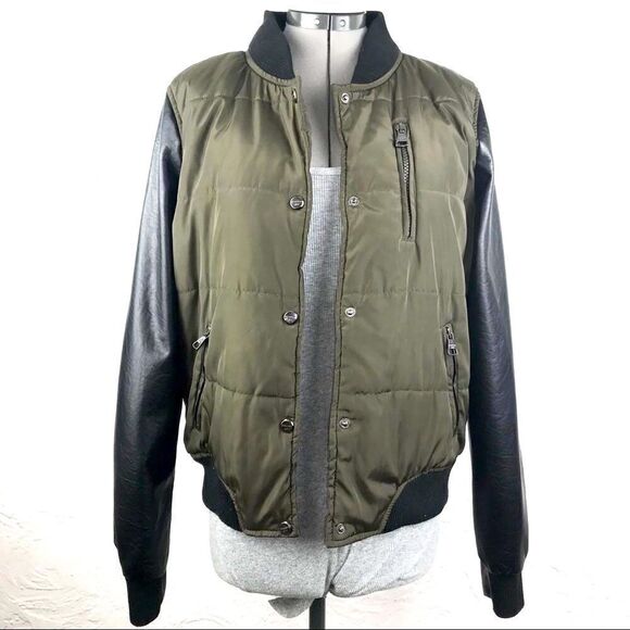 Madden Girl Olive Faux Black Leather Puffer Jacket - Picture 2 of 13